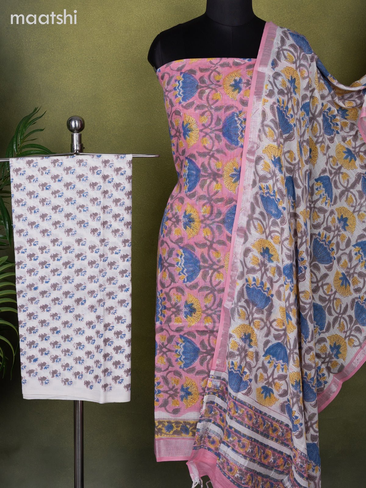 Linen cotton dress material peach pink and off white with allover prints and bottom & dupatta