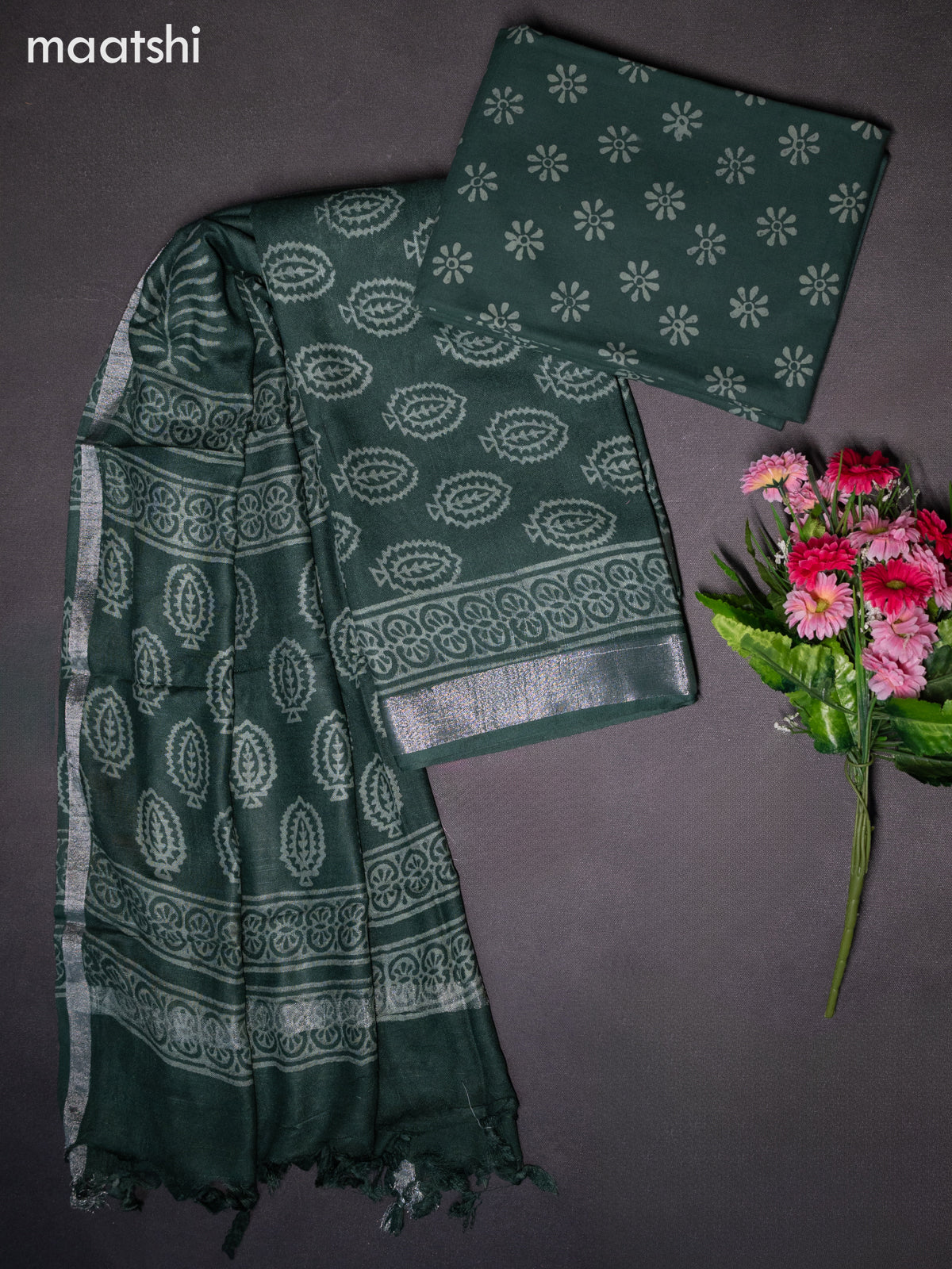 Linen cotton dress material green with allover butta prints and bottom & dupatta