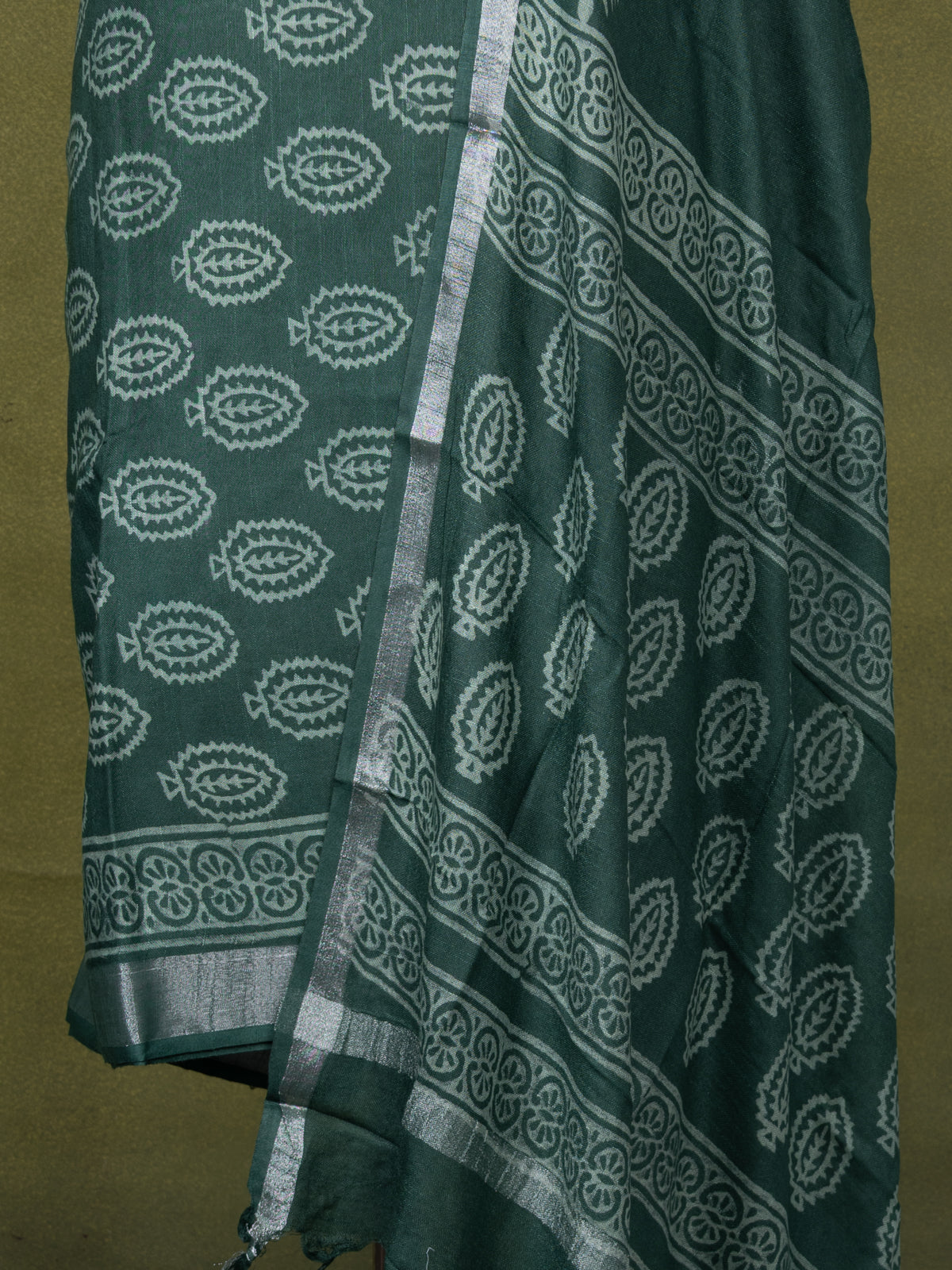 Linen cotton dress material green with allover butta prints and bottom & dupatta