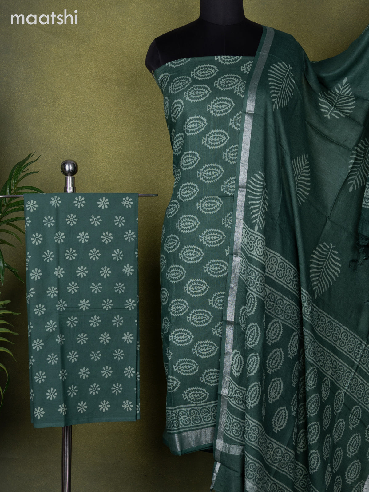 Linen cotton dress material green with allover butta prints and bottom & dupatta
