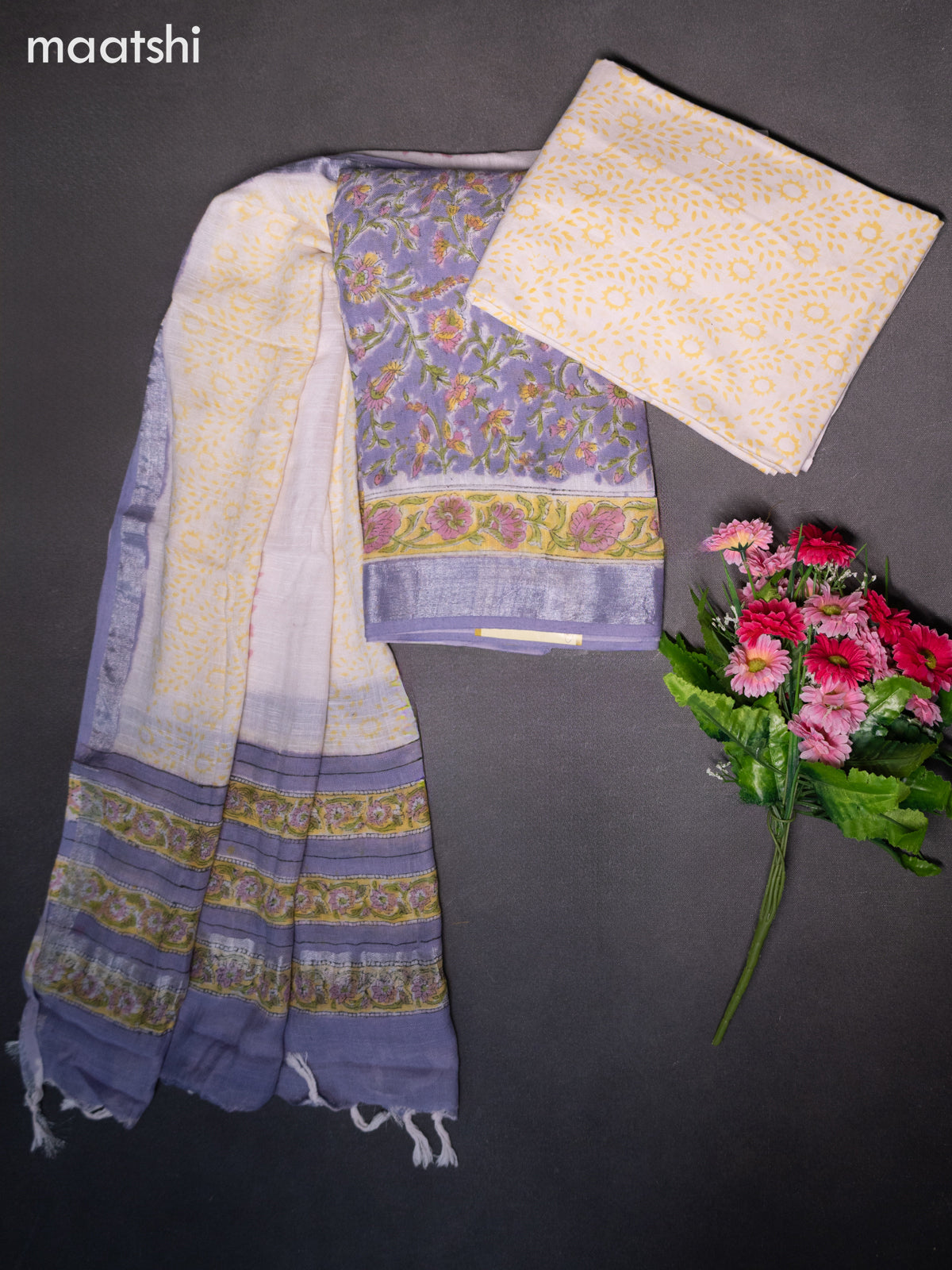 Linen cotton dress material pastel lavender with allover floral prints and bottom & dupatta