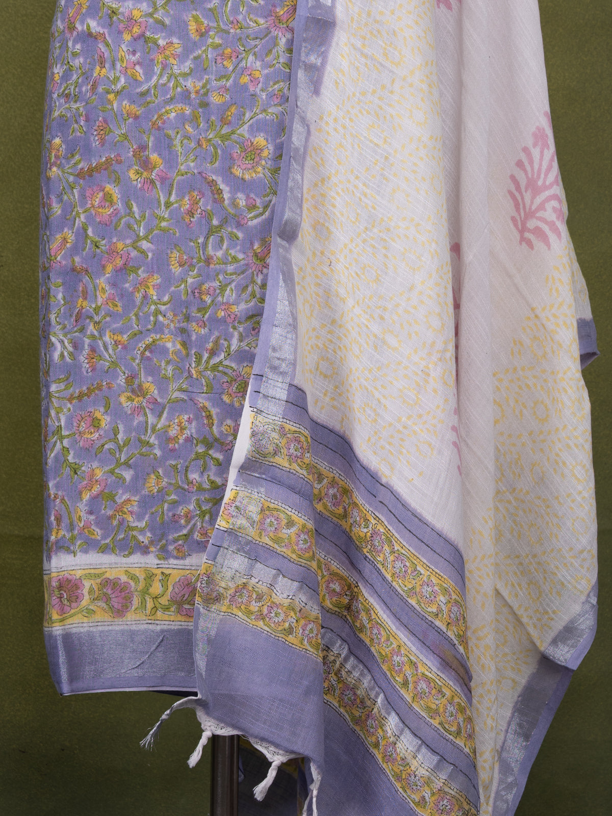 Linen cotton dress material pastel lavender with allover floral prints and bottom & dupatta
