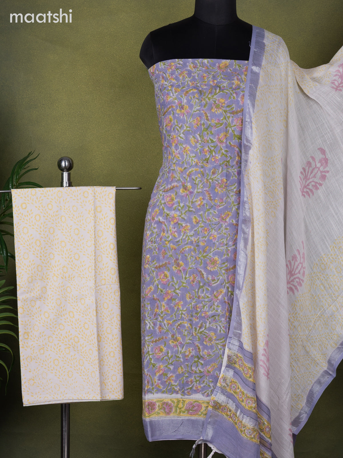 Linen cotton dress material pastel lavender with allover floral prints and bottom & dupatta