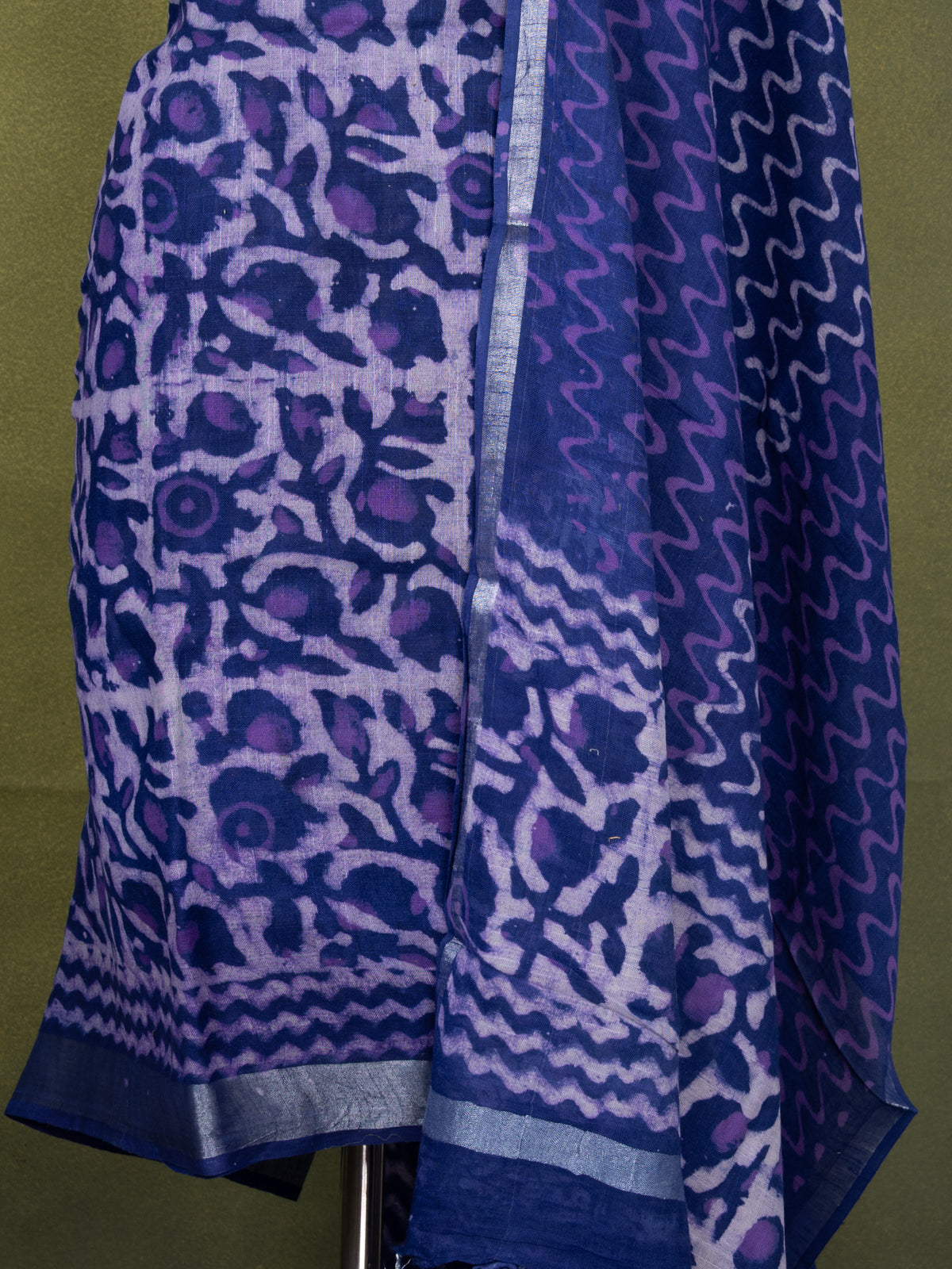 Linen cotton dress material purple shade with allover batik prints and bottom & dupatta