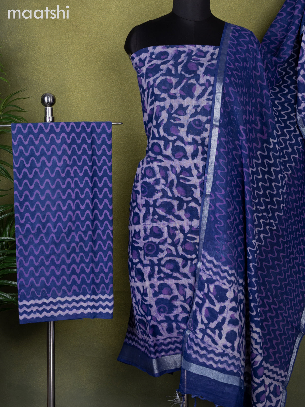 Linen cotton dress material purple shade with allover batik prints and bottom & dupatta