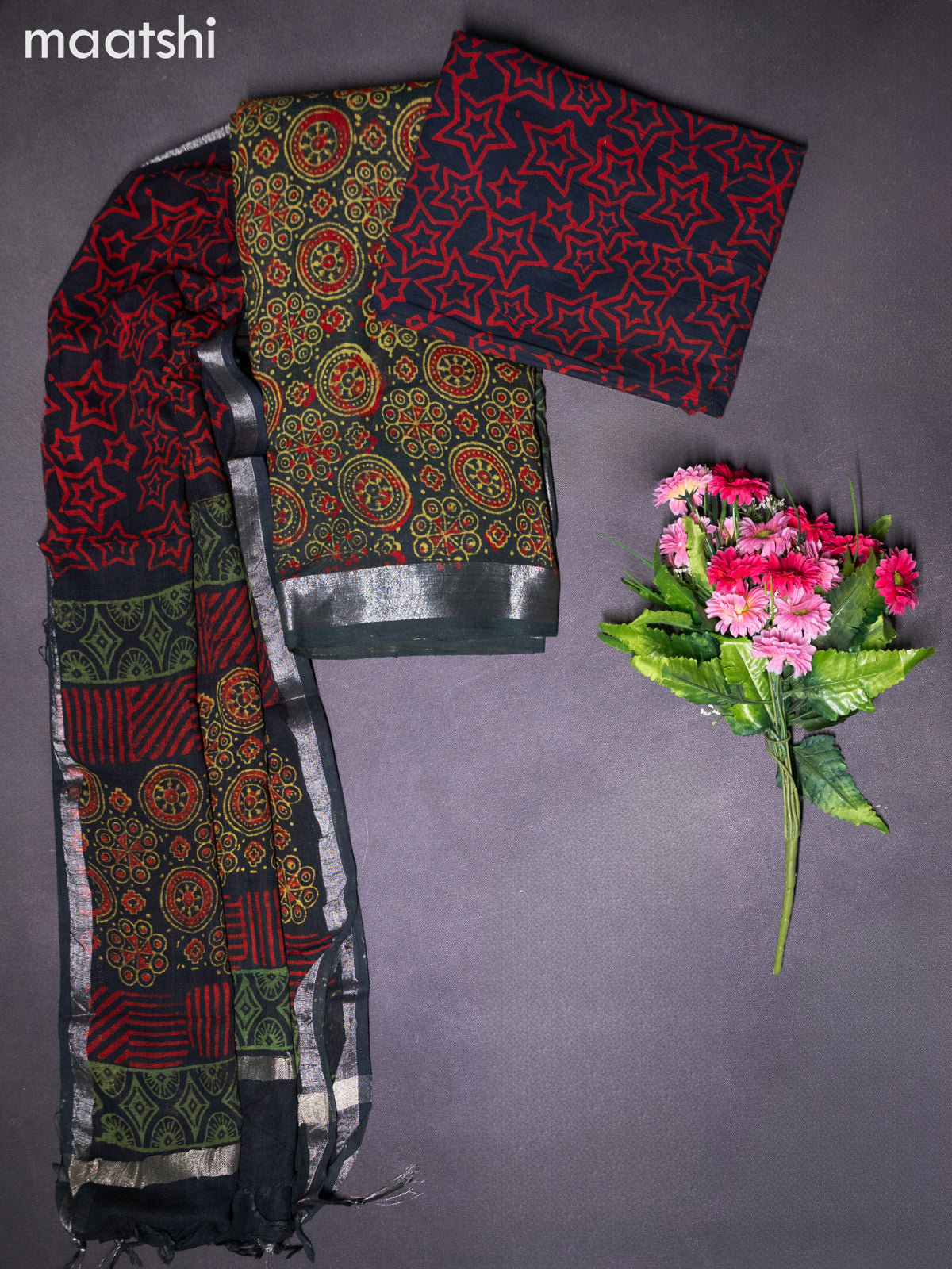 Linen cotton dress material dark green with allover ajrakh prints and bottom & dupatta