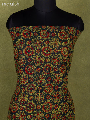 Linen cotton dress material dark green with allover ajrakh prints and bottom & dupatta