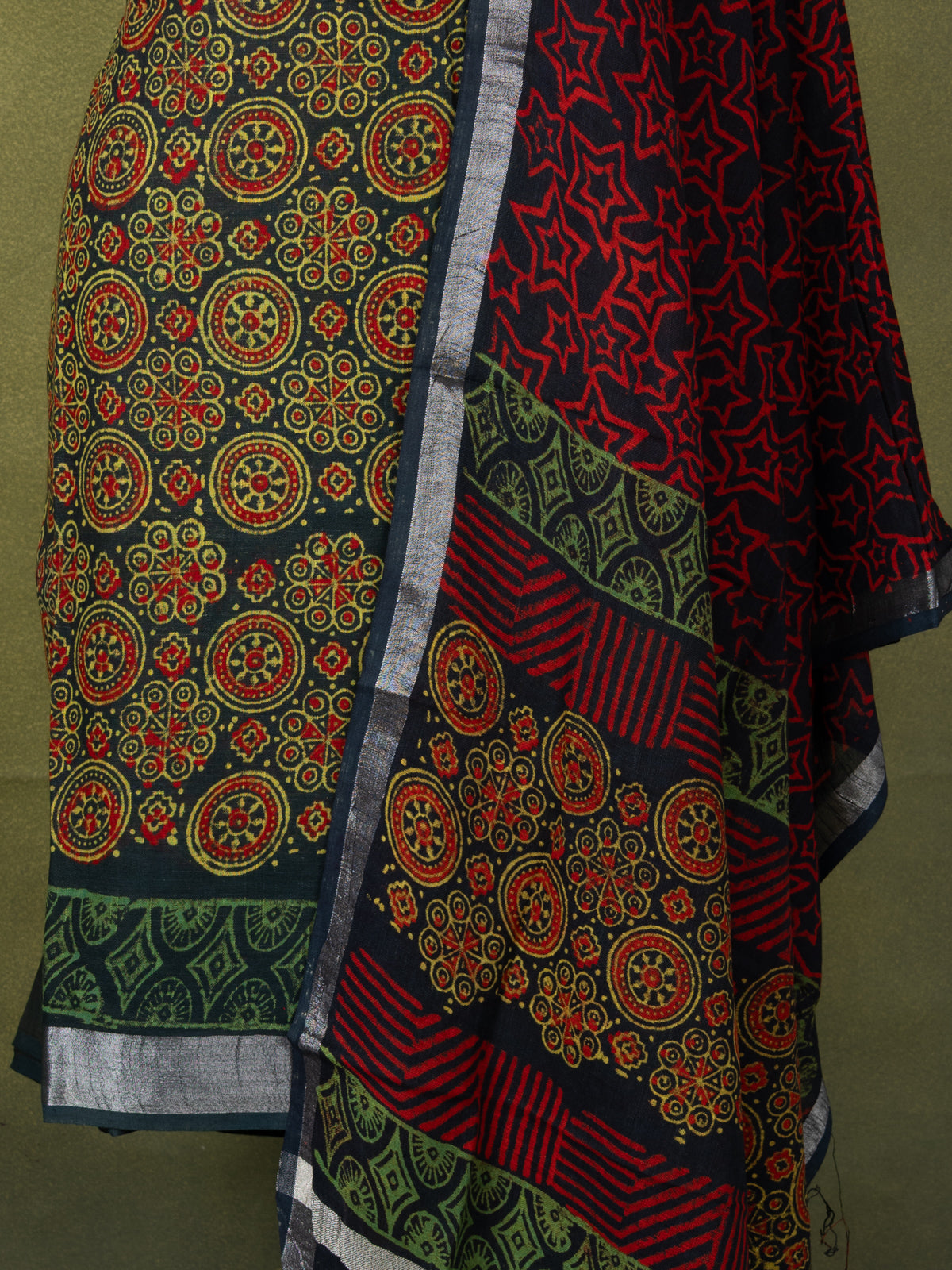 Linen cotton dress material dark green with allover ajrakh prints and bottom & dupatta