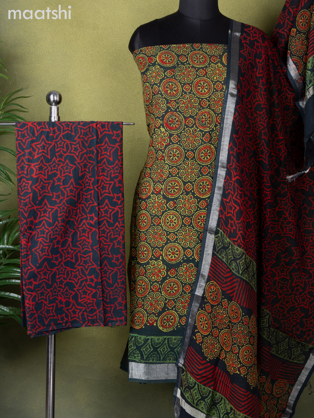 Linen cotton dress material dark green with allover ajrakh prints and bottom & dupatta
