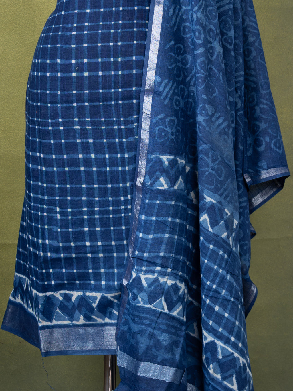 Linen cotton dress material indigo blue with allover checked pattern and bottom & dupatta