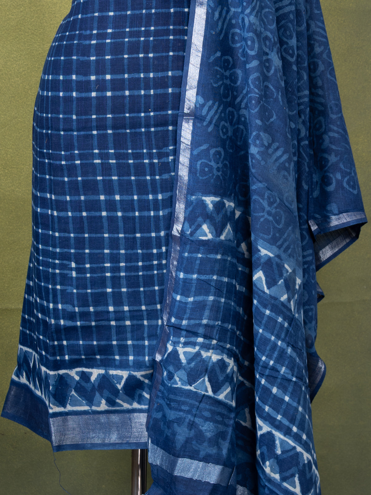 Linen cotton dress material indigo blue with allover checked pattern and bottom & dupatta