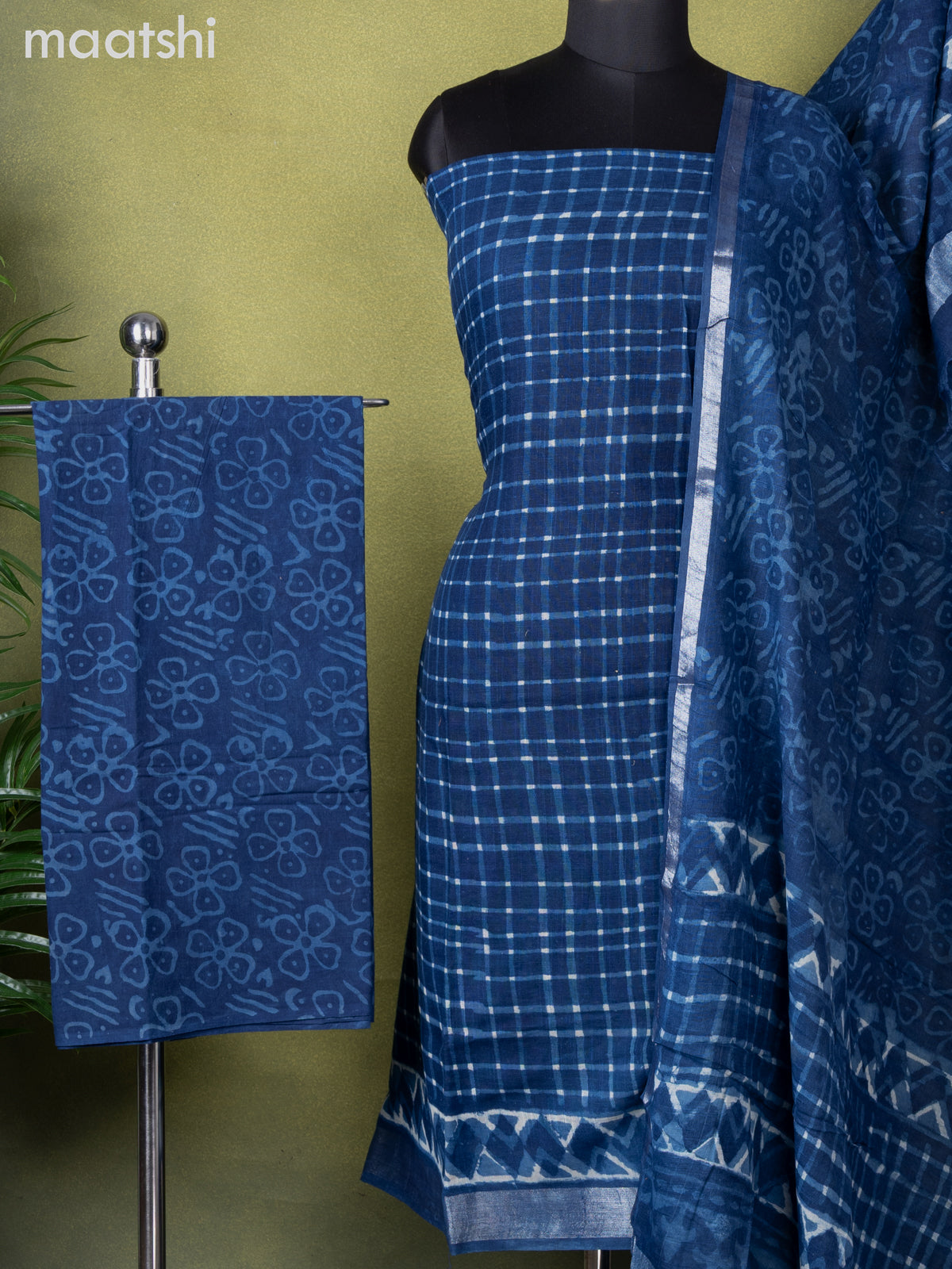 Linen cotton dress material indigo blue with allover checked pattern and bottom & dupatta