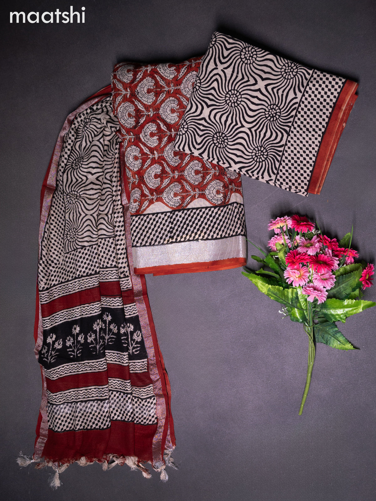 Linen cotton dress material rust shade and beige black with allover prints and bottom & dupatta