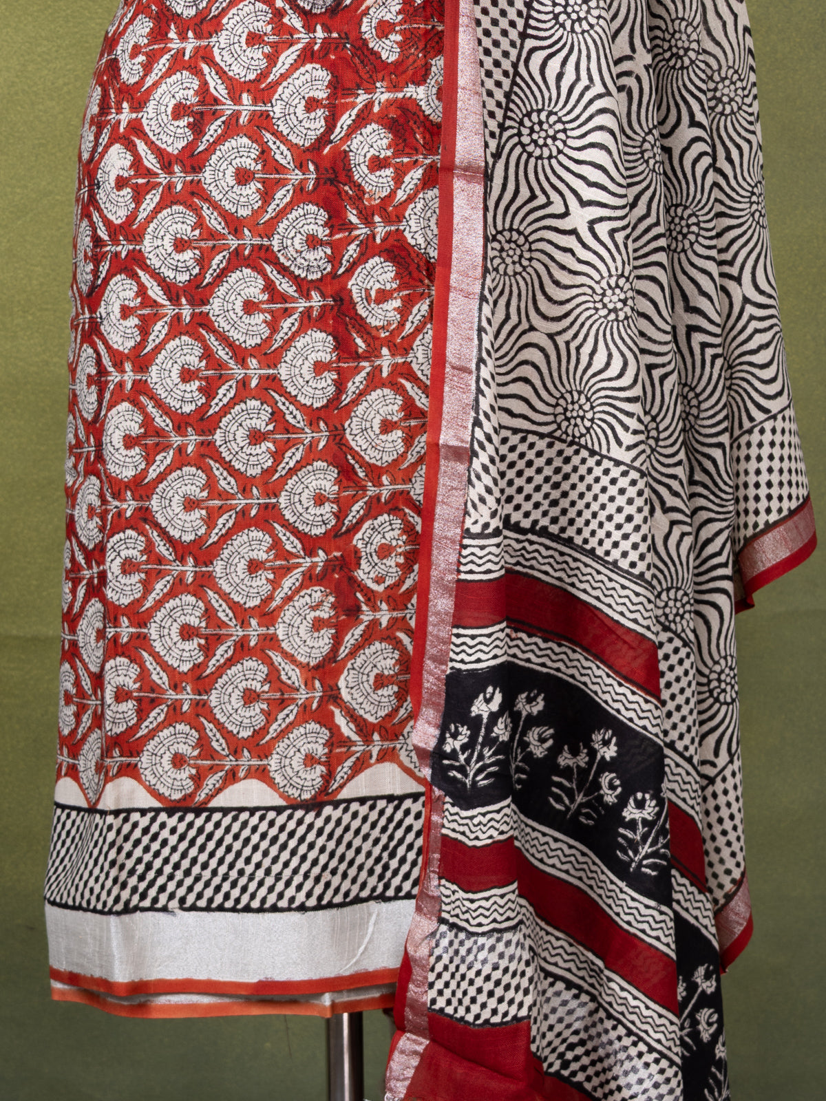 Linen cotton dress material rust shade and beige black with allover prints and bottom & dupatta