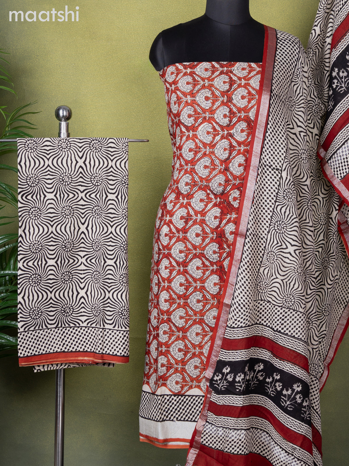 Linen cotton dress material rust shade and beige black with allover prints and bottom & dupatta