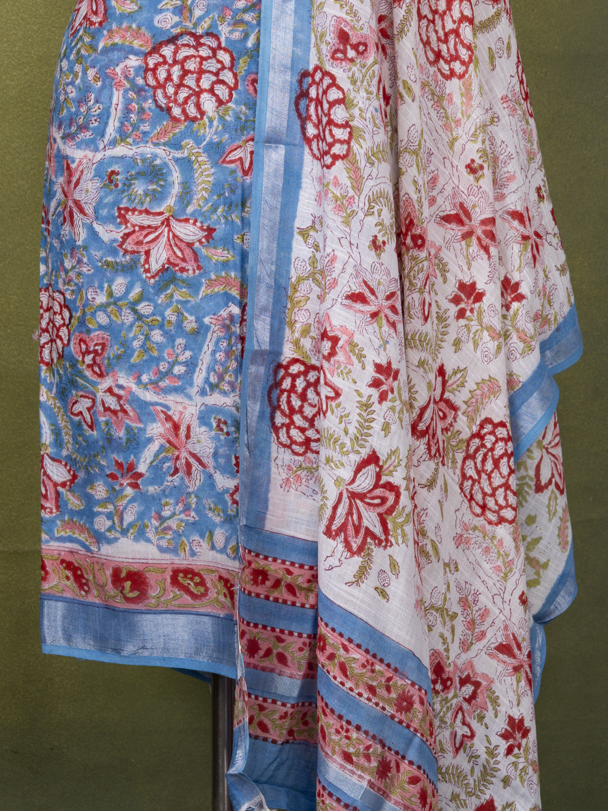 Linen cotton dress material pastel blue and off white with allover prints and bottom & dupatta