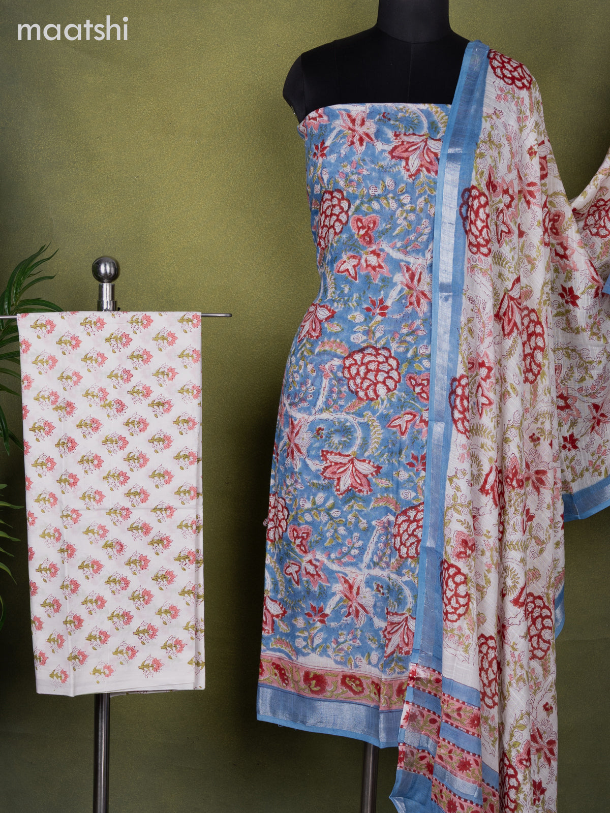 Linen cotton dress material pastel blue and off white with allover prints and bottom & dupatta
