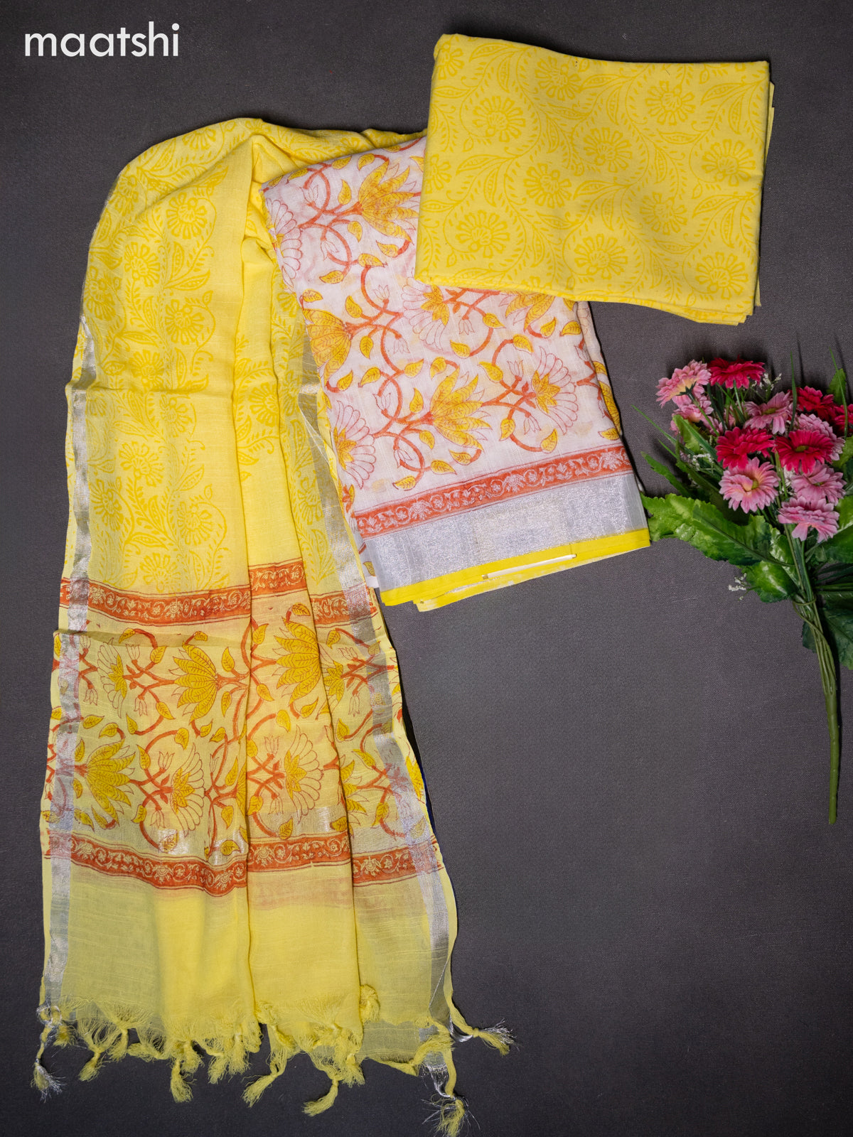 Linen cotton dress material off white and lime yellow with allover prints and bottom & dupatta