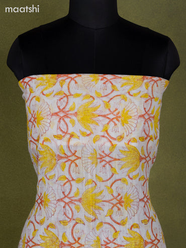 Linen cotton dress material off white and lime yellow with allover prints and bottom & dupatta