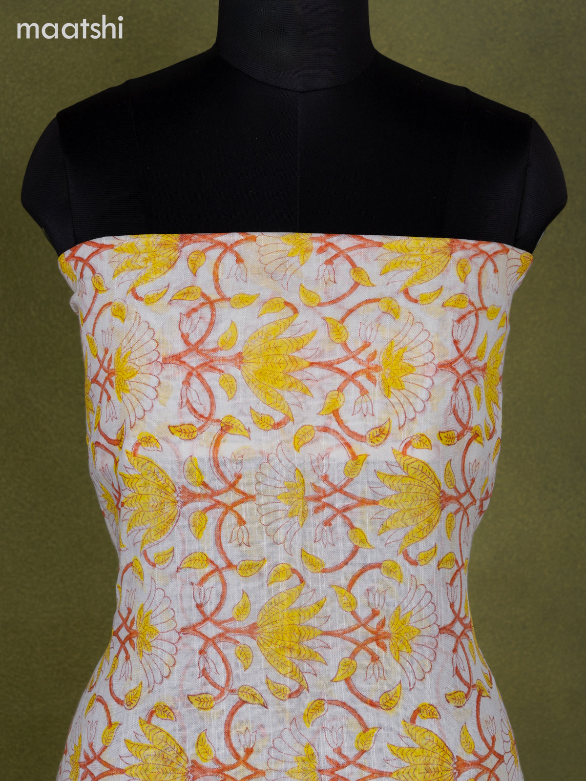 Linen cotton dress material off white and lime yellow with allover prints and bottom & dupatta