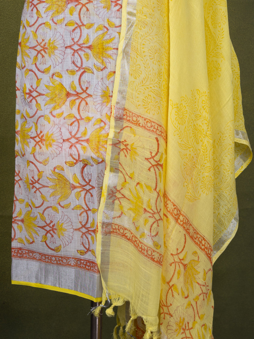 Linen cotton dress material off white and lime yellow with allover prints and bottom & dupatta