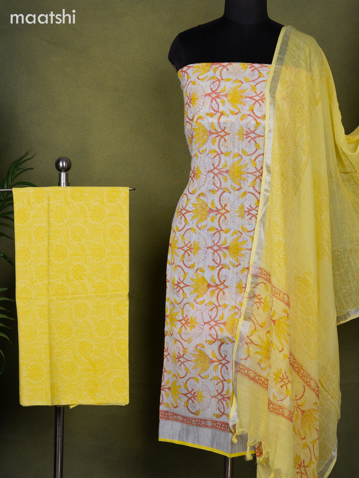 Linen cotton dress material off white and lime yellow with allover prints and bottom & dupatta