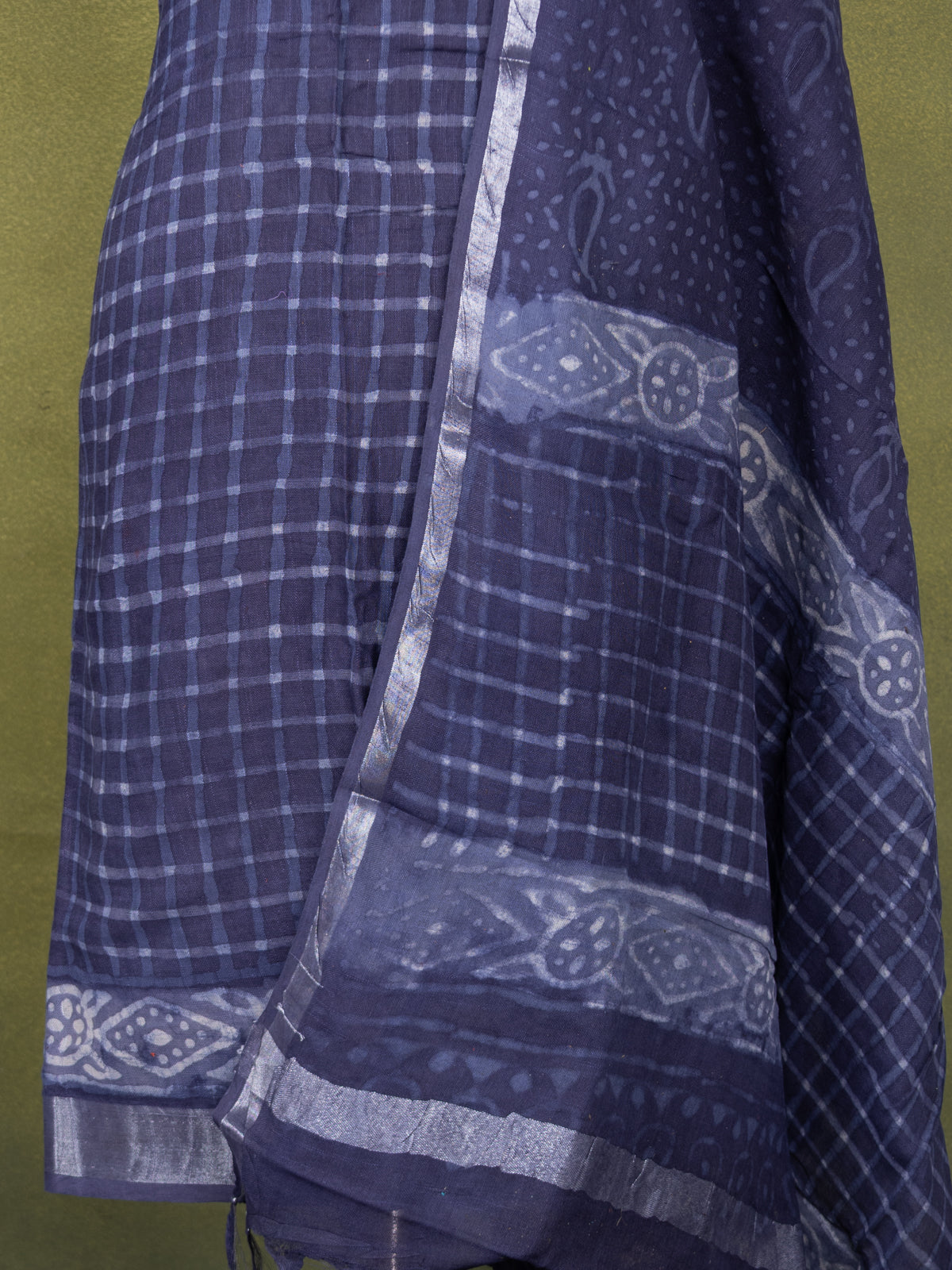 Linen cotton dress material blue shade with allover checked pattern and bottom & dupatta