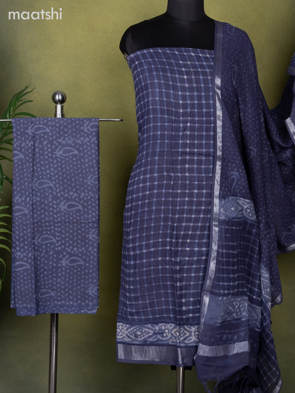 Linen cotton dress material blue shade with allover checked pattern and bottom & dupatta