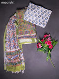Linen cotton dress material light green and off white with allover prints and bottom & dupatta
