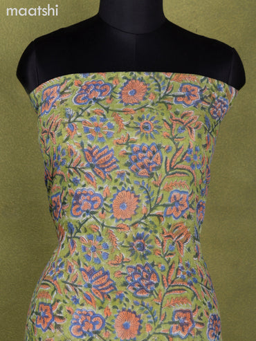 Linen cotton dress material light green and off white with allover prints and bottom & dupatta