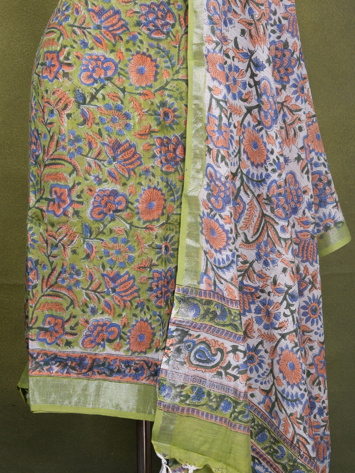 Linen cotton dress material light green and off white with allover prints and bottom & dupatta