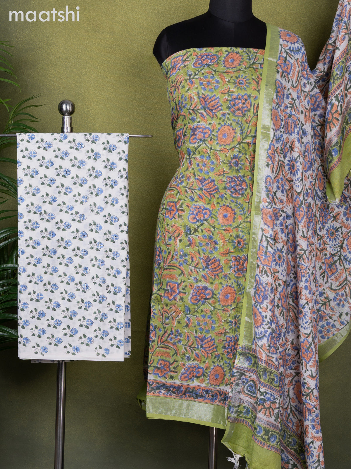 Linen cotton dress material light green and off white with allover prints and bottom & dupatta