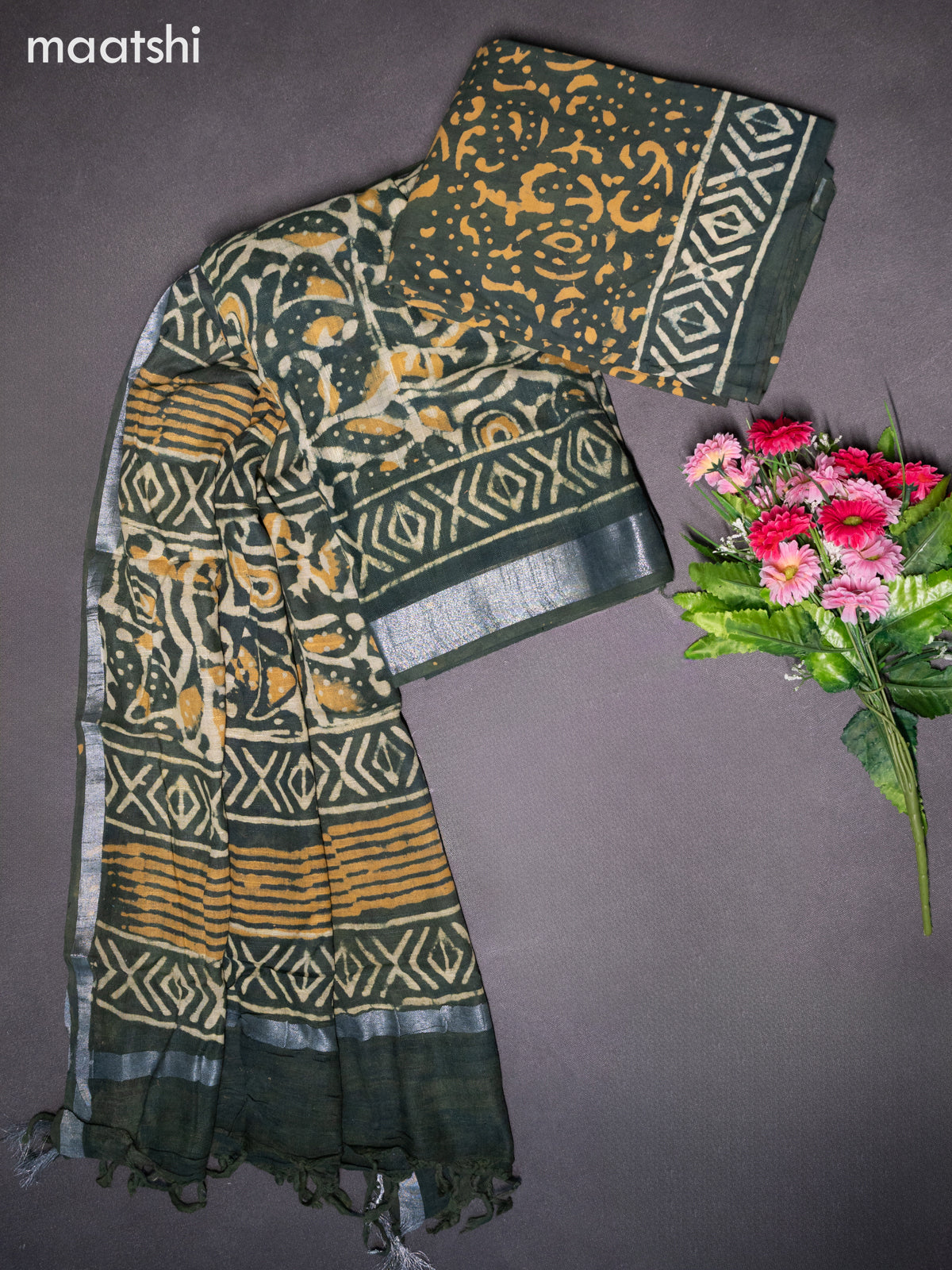 Linen cotton dress material sap green and beige with allover batik prints and bottom & dupatta