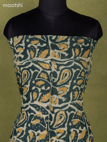 Linen cotton dress material sap green and beige with allover batik prints and bottom & dupatta