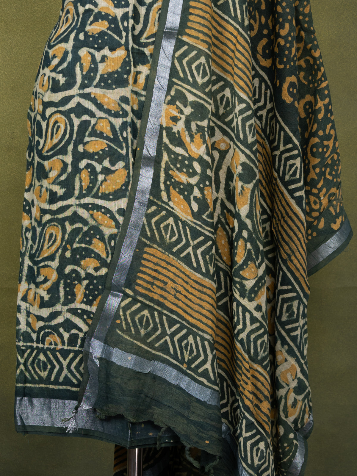 Linen cotton dress material sap green and beige with allover batik prints and bottom & dupatta