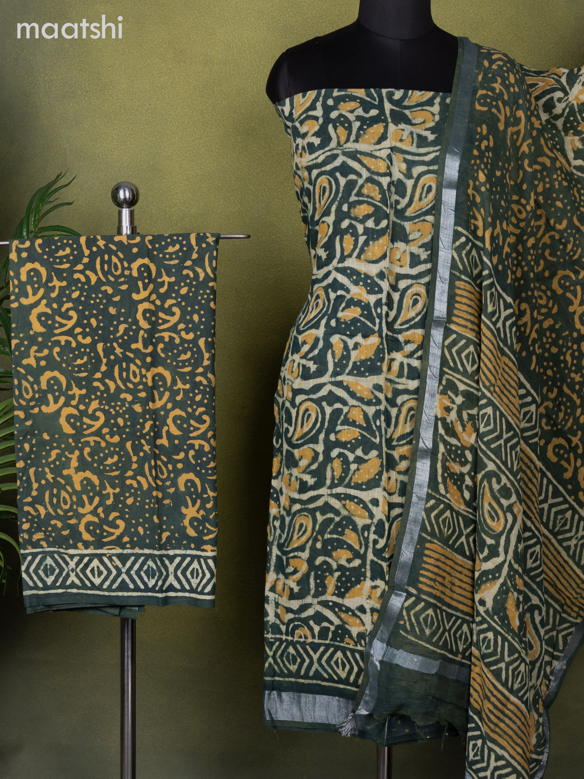 Linen cotton dress material sap green and beige with allover batik prints and bottom & dupatta