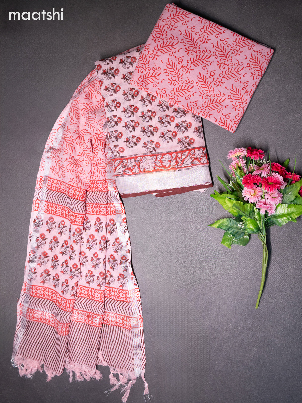 Linen cotton dress material baby pink with allover floral prints and bottom & dupatta