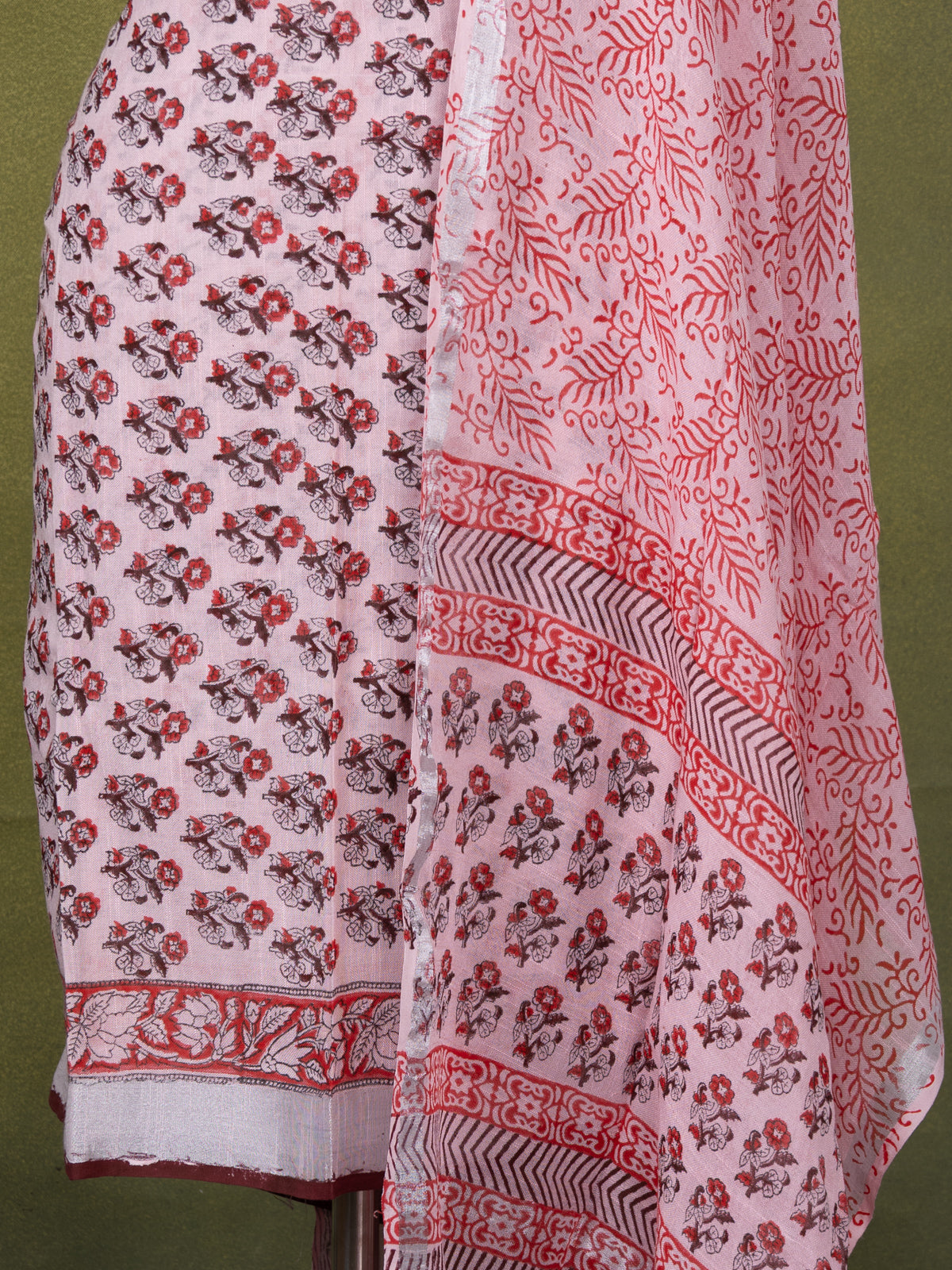 Linen cotton dress material baby pink with allover floral prints and bottom & dupatta