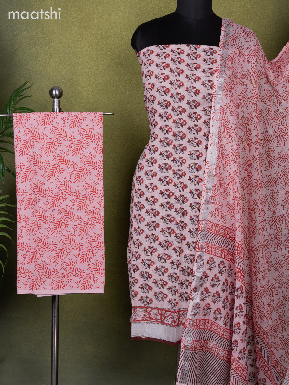 Linen cotton dress material baby pink with allover floral prints and bottom & dupatta
