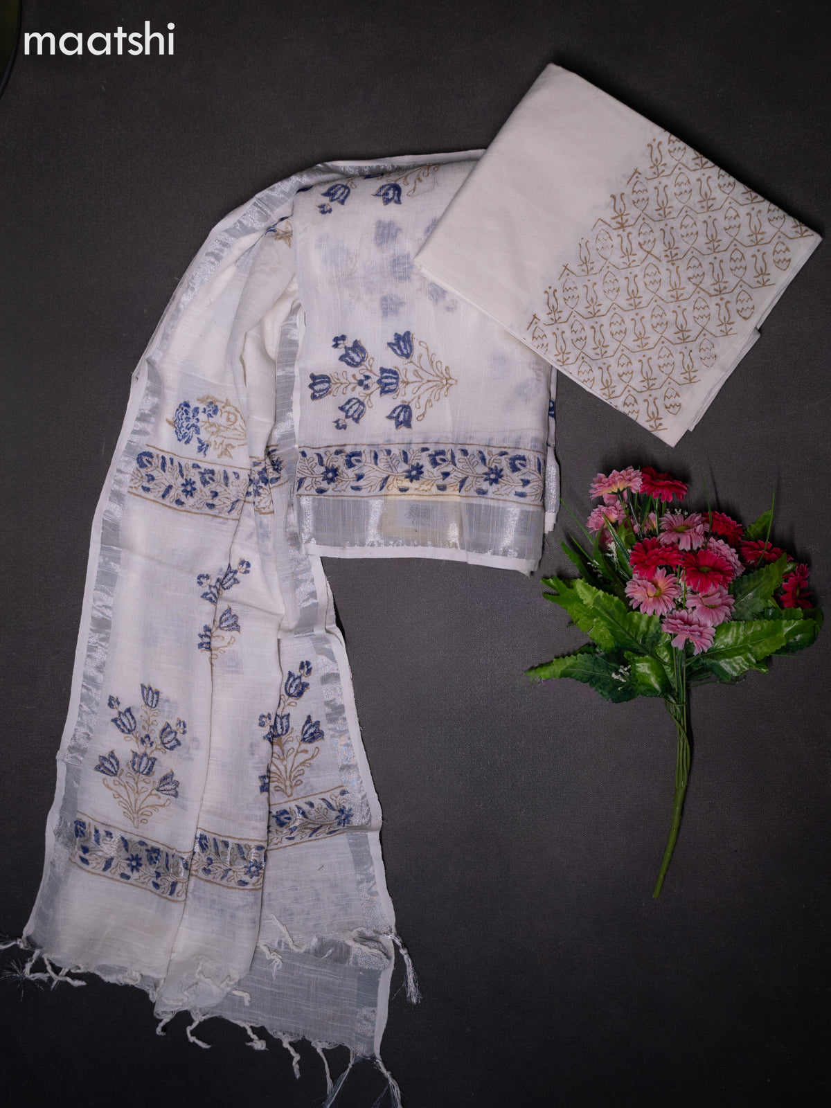 Linen cotton dress material off white with butta prints and bottom & dupatta