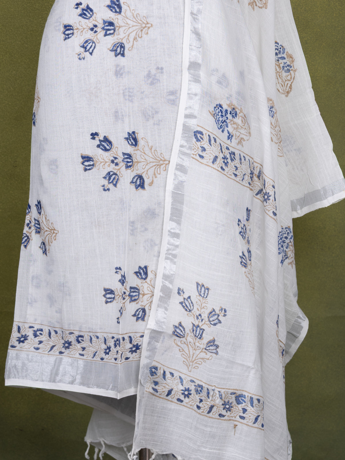 Linen cotton dress material off white with butta prints and bottom & dupatta