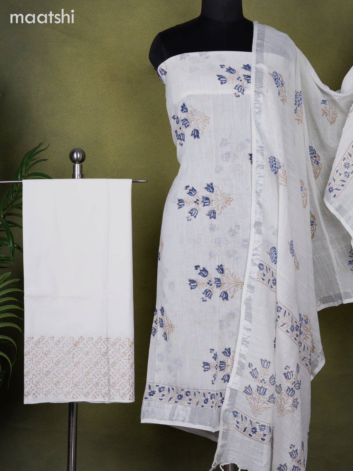 Linen cotton dress material off white with butta prints and bottom & dupatta