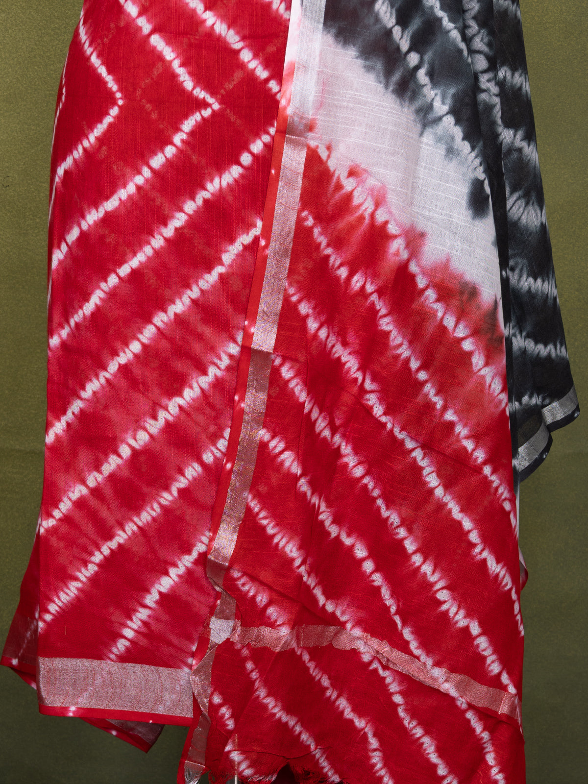 Linen cotton dress material red and dark grey with allover shibori prints and bottom & dupatta
