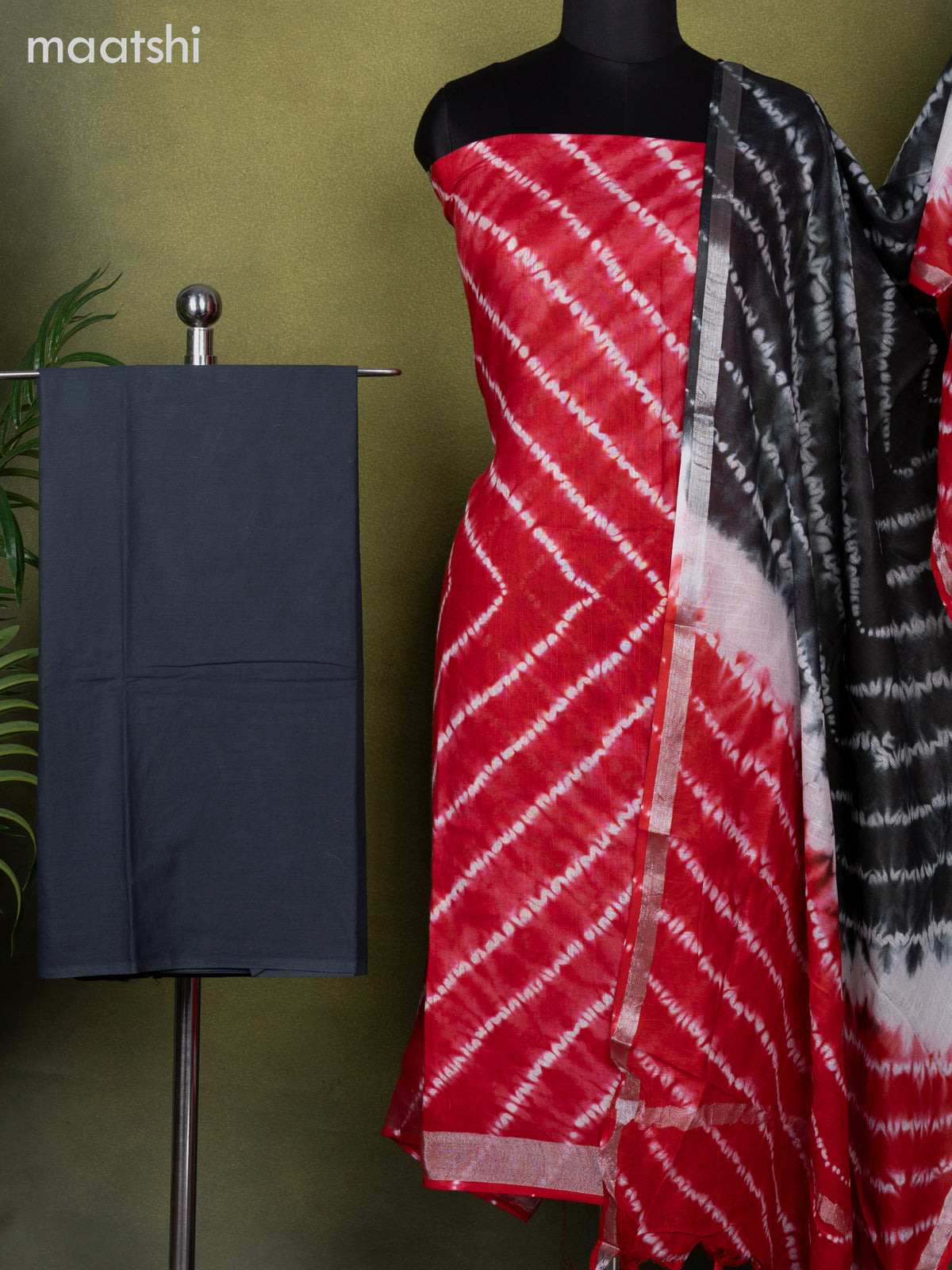 Linen cotton dress material red and dark grey with allover shibori prints and bottom & dupatta
