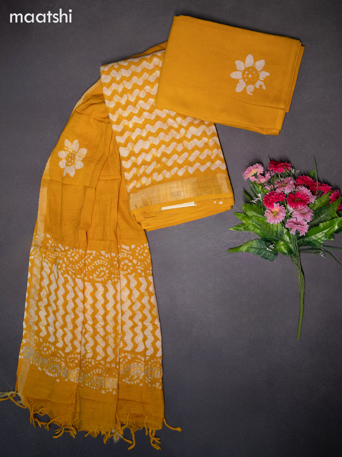 Linen cotton dress material mustard yellow and off white with allover batik prints and bottom & dupatta