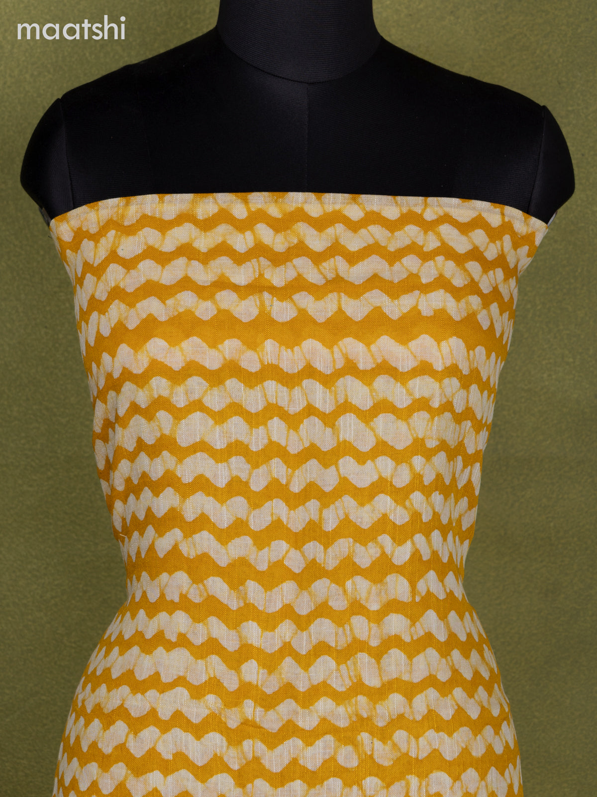 Linen cotton dress material mustard yellow and off white with allover batik prints and bottom & dupatta