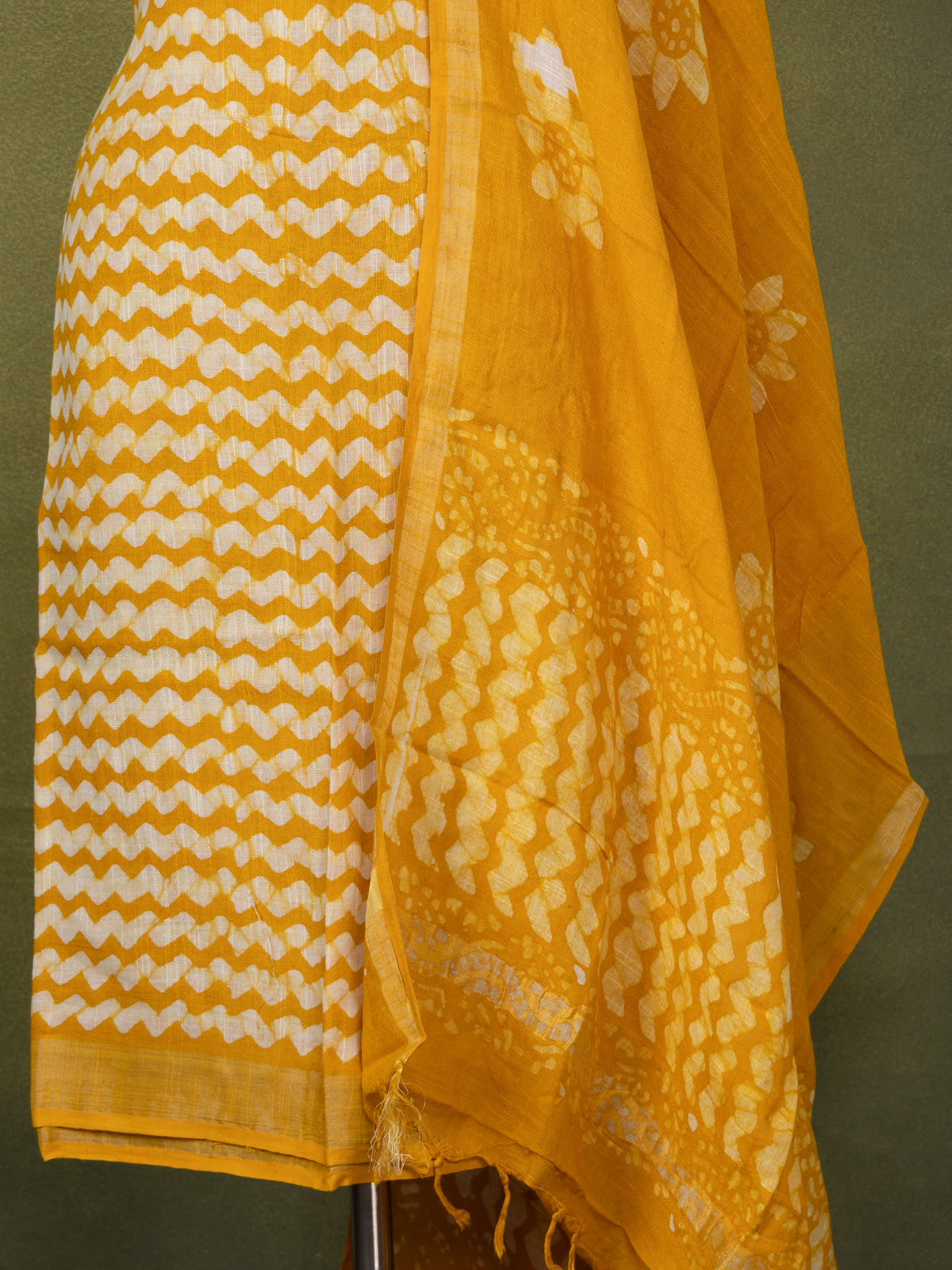 Linen cotton dress material mustard yellow and off white with allover batik prints and bottom & dupatta