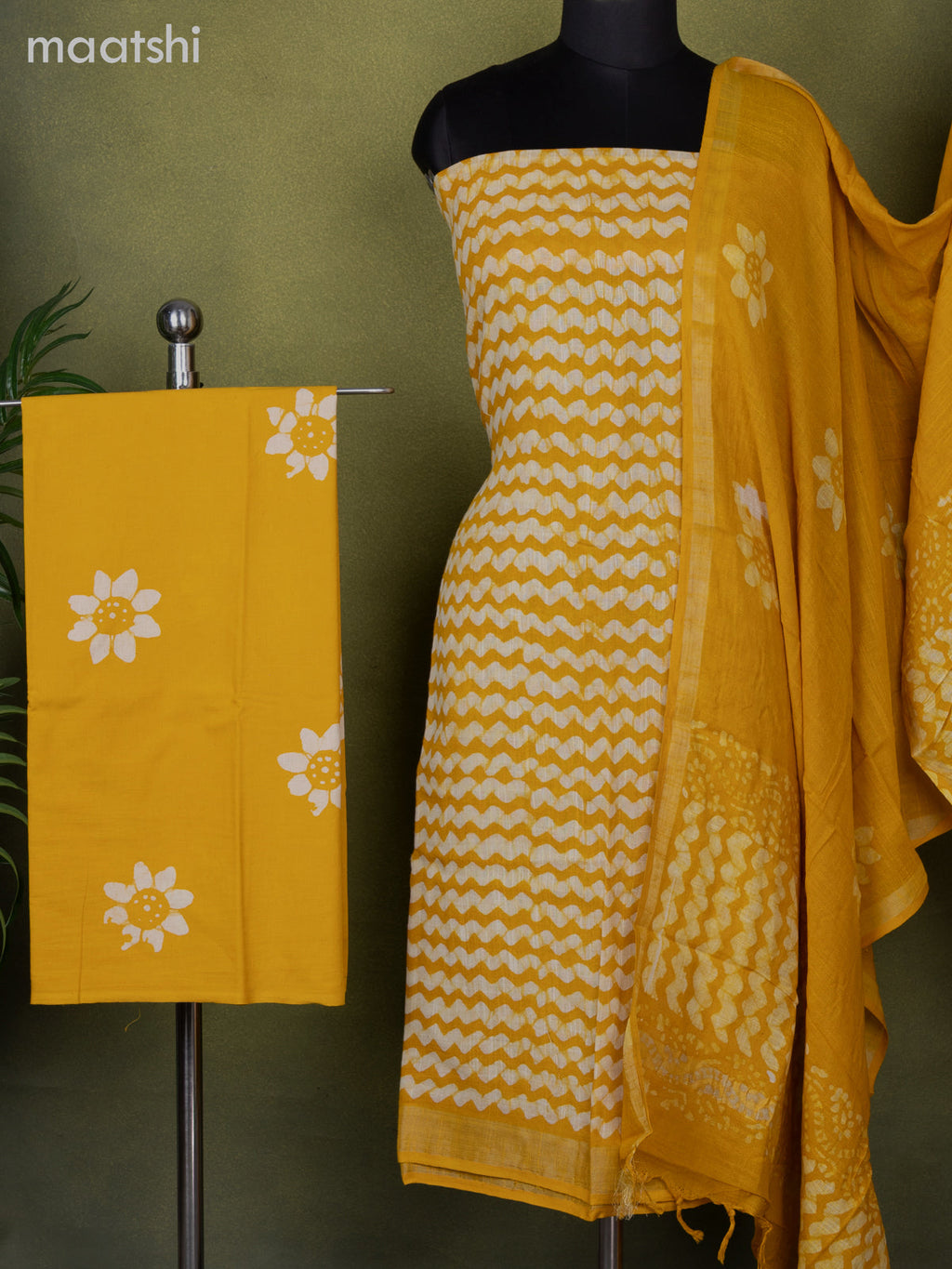 Linen cotton dress material mustard yellow and off white with allover batik prints and bottom & dupatta