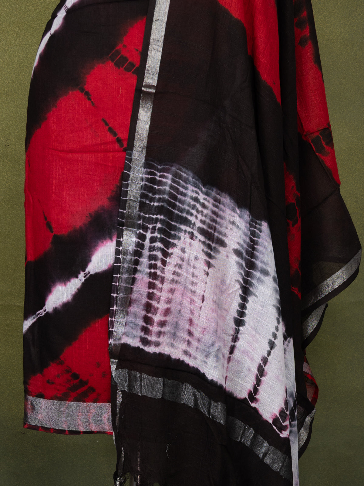 Linen cotton dress material red and deep coffee brown with allover tie & dye prints and bottom & dupatta