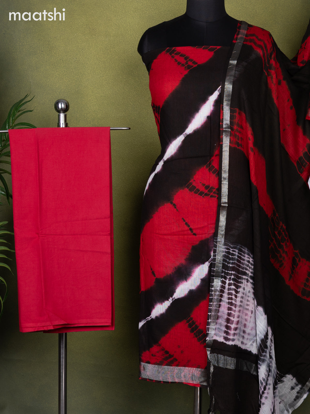 Linen cotton dress material red and deep coffee brown with allover tie & dye prints and bottom & dupatta